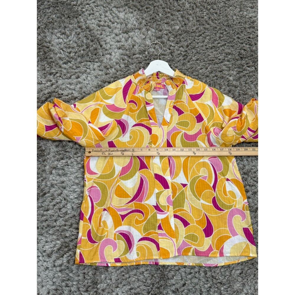THML Women’s Yellow Pink Abstract Swirl Puff Sleeve V-Neck Blouse Top Size M - Picture 12 of 13